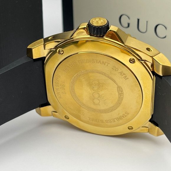 Gucci XL 45mm "BRAND NEW" Gold Snake Black Dial Rubber Band Swiss Watch YA136219 - Picture 6 of 8
